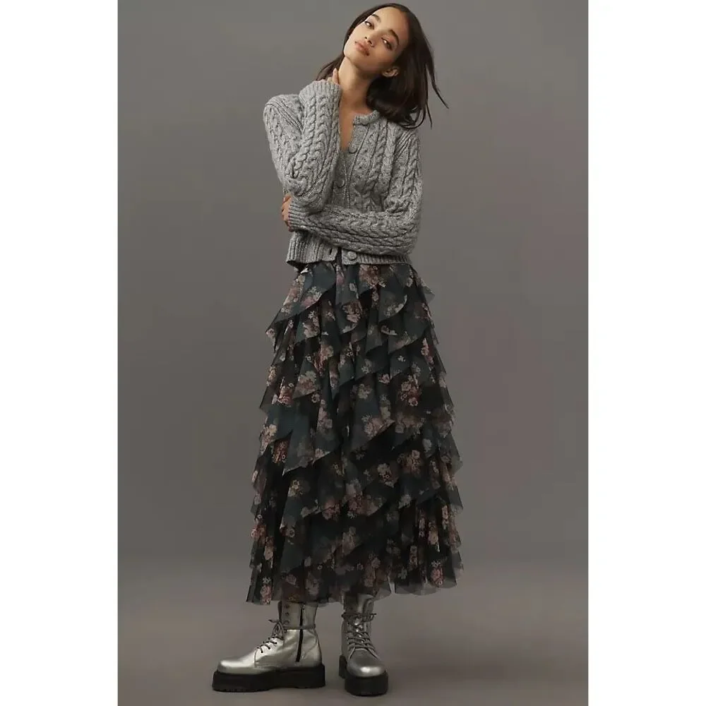 New The Chéri Ruffled Tulle Midi Skirt by Anthropologie Size XL